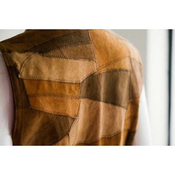 Vintage 90s Buttery Soft Brown Suede Patchwork 2  piece skirt and vest S… - Picture 8 of 12